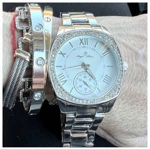 Quartz Watch Stainless Steel Back Simulated Diamonds Roman Dial Silver T…
